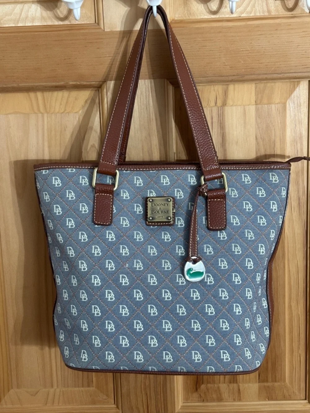 Dooney & Bourke Blue Gray Monogram Canvas Tote Brown Leather Duck Charm USA